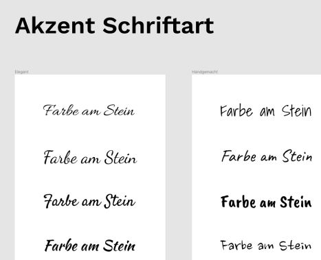 Screenshot showing several different font faces of the word "Farbe am Stein"