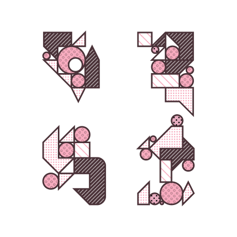 four illustrations of interconnected simple shapes with various patterns